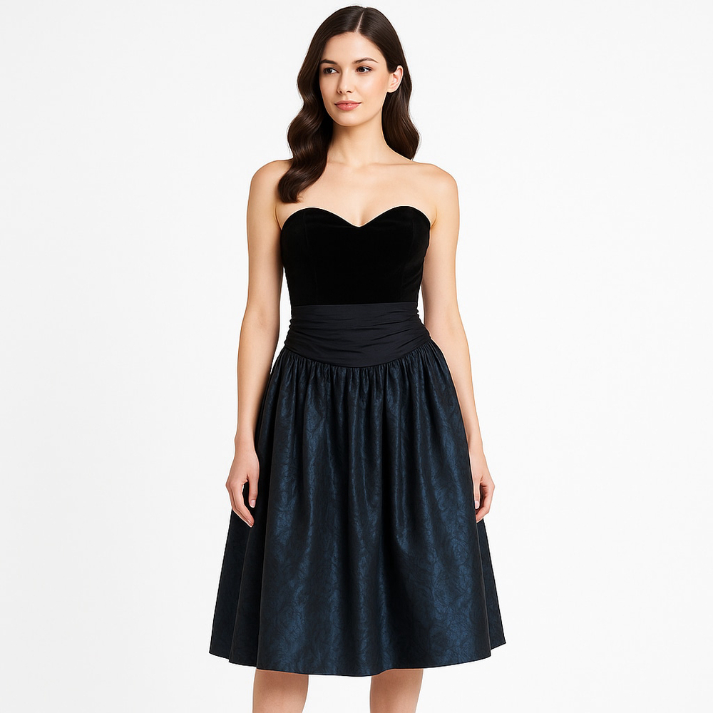 Vintage 80s Laura Ashley Black Blue Strapless Velvet & Taffeta Party Dress S/M
